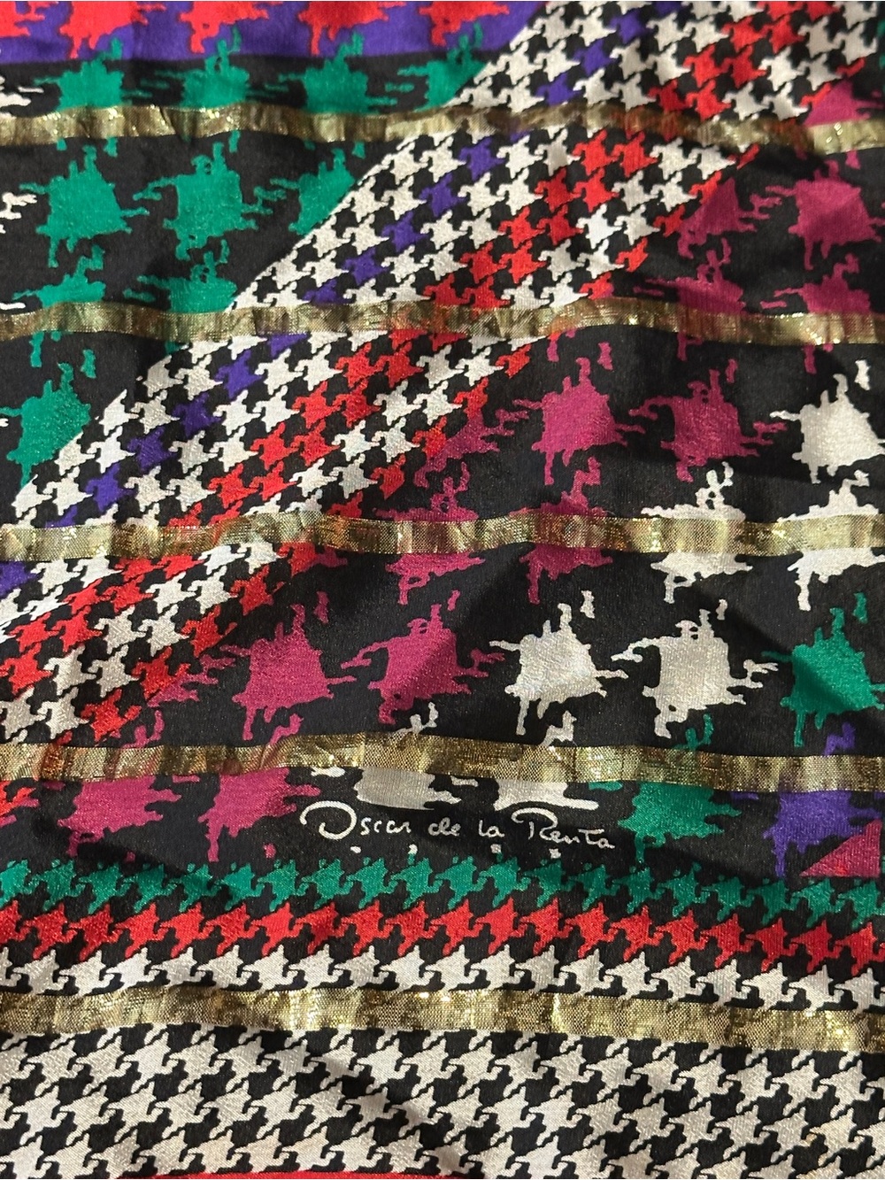Vintage Oscar de la Renta Multicolor Houndstooth Scarf w/ Metallic Gold Stripes